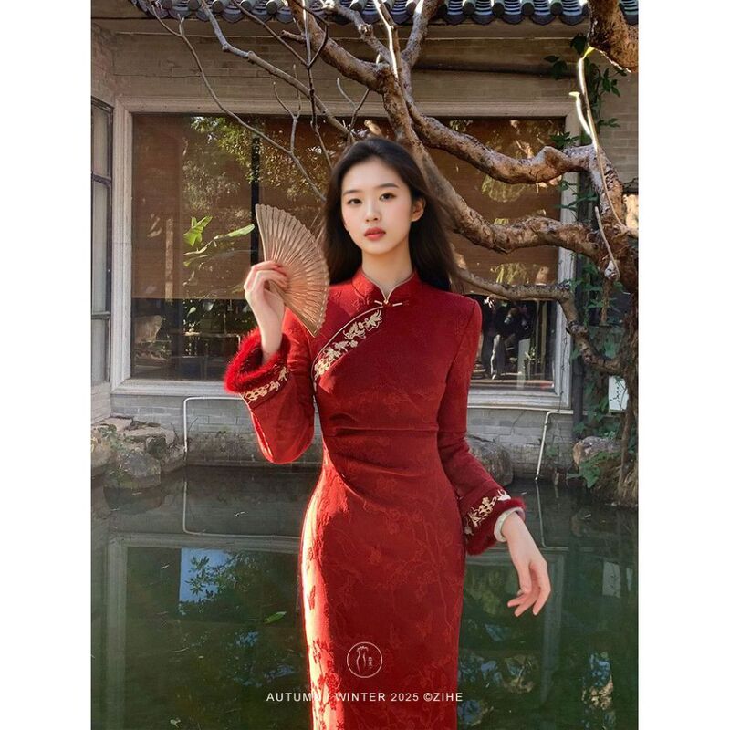 Danxi New Chinese Style Red Engagement Dress, Modified Qipao for Women, Winter Embroidered Long Sleeve Fleece-Lined Toasting Dress Danxi New Chinese Style Red Engagement Dress, Modified Qipao for Women, Winter Embroidered Long Sleeve Fleece-Lined Toasting Dress