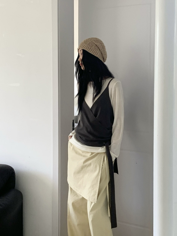 韩版设计感假两件休闲裤女2025秋季新款百搭屁帘显瘦宽松水洗长裤|undefined