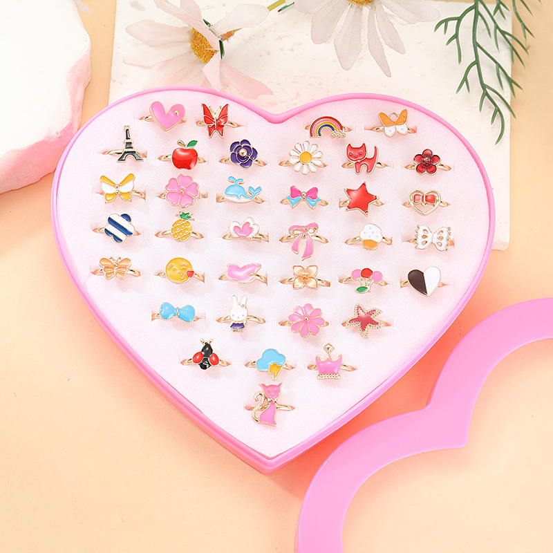 Anillo de aleación de joyería infantil de estilo coreano anillo de dibujos animados lindo para niños lindo hermoso mezclado 36 piezas 1 caja