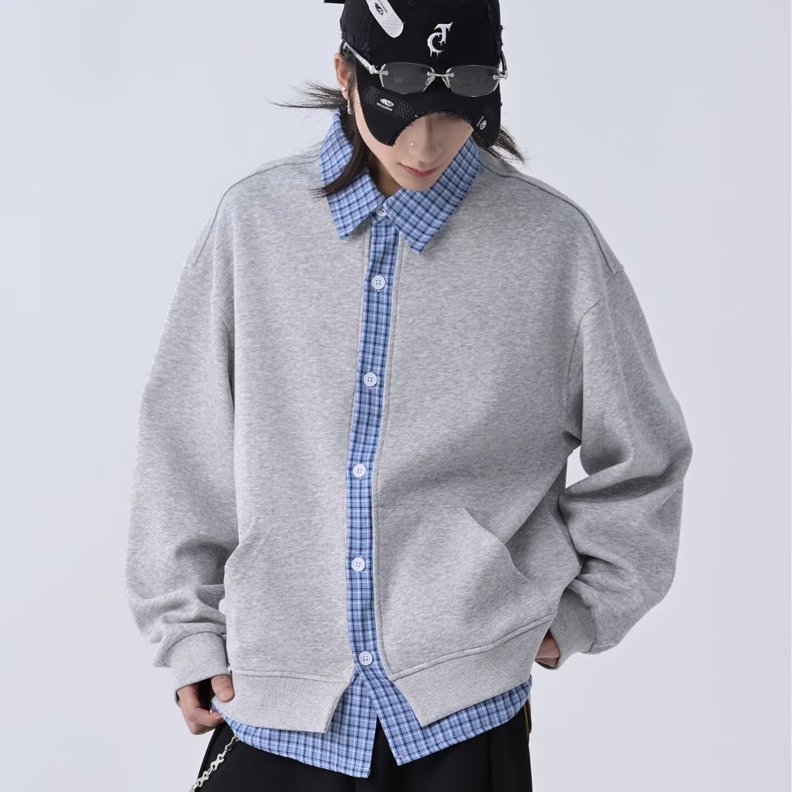 Retro Hoodie Cardigan Men's Autumn Checkered Patchwork Lazy Style Couple Jacket_voghion.com
