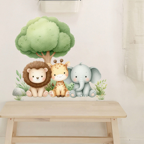 Illustrated Animal Sticker Living Room Entrance Home Decor Self-adhesive Cute Lion Elephant Wallpaper