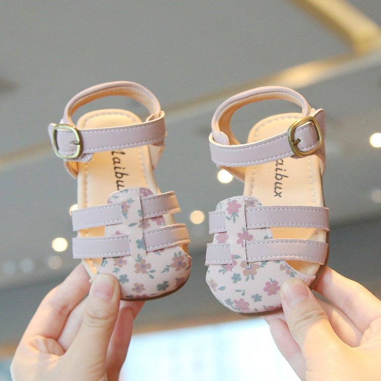 Sandales à bout fermé pour bébés filles, imprimé floral - Chaussures d'été à semelle souple avec embout anti-collision, rose, kaki et marron_voghion.com