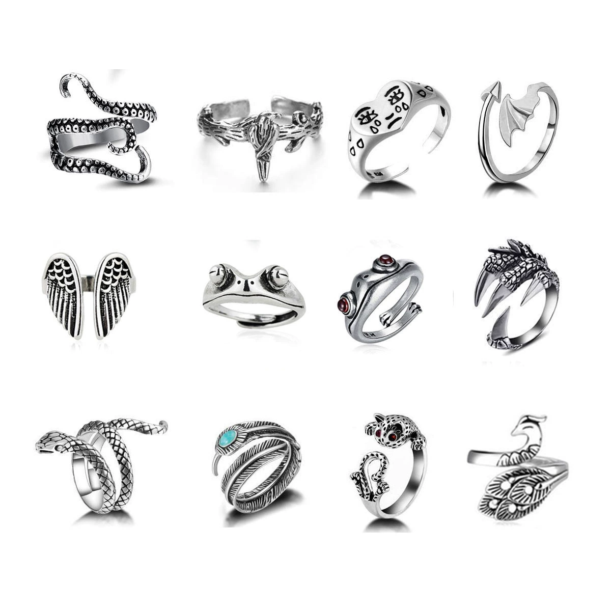 Retro Adjustable Ring Set, Punk Style, Alloy Electroplated, 16-Piece Mix (Adjustable)