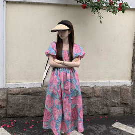 大码法式方领度假风裙子连衣裙女夏季跨境新款胖MM灯笼袖碎花长裙