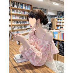 2025春夏新作デザイン感小衆一字肩砕花泡長袖シャツ気質百合ピンクシャツ