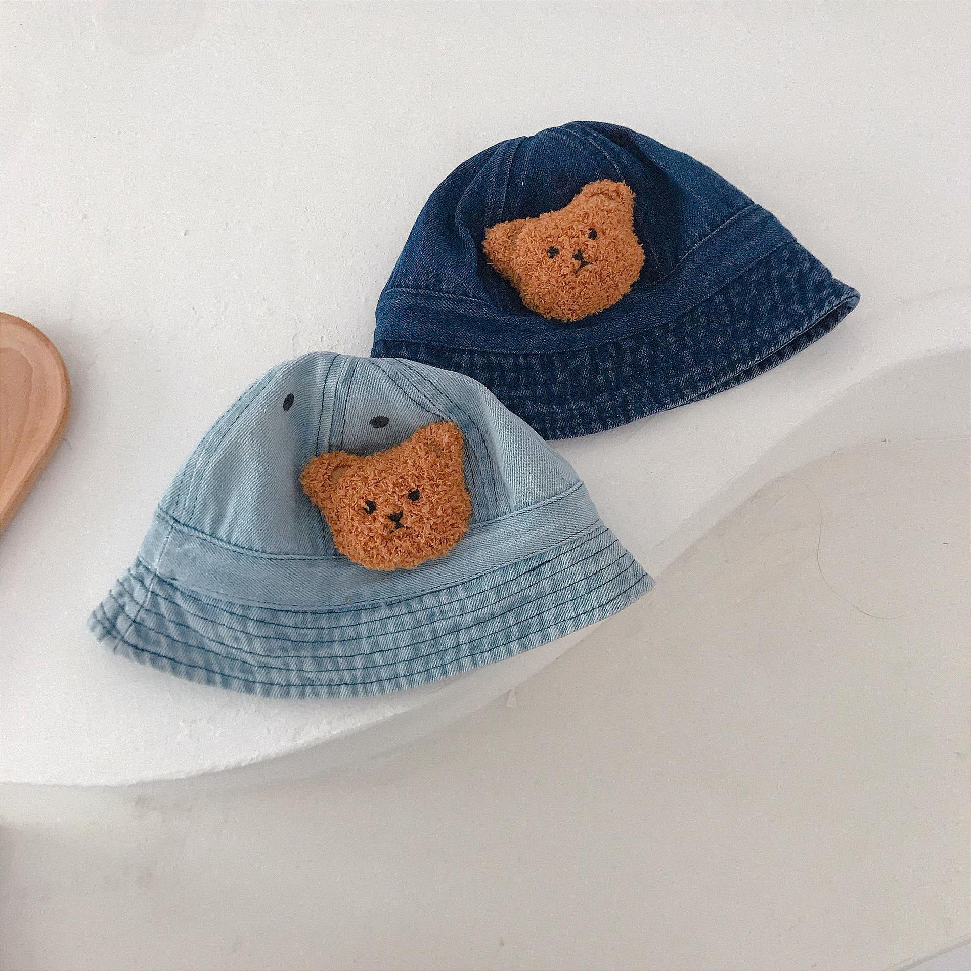 Cute & Super Adorable Korean-Style Sun-Protective Bucket Hat with Denim and Little Bear Design&mdash;Perfect for Boys and Girls This Spring and Fall