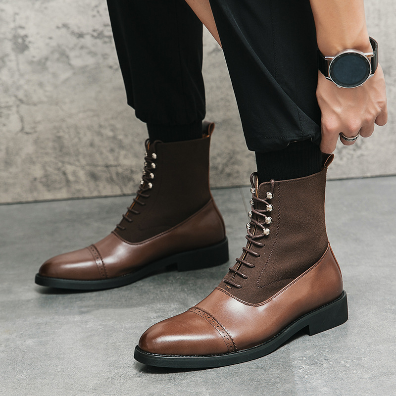Botas de cuero de negocios de otoño y invierno transfronterizas para hombres europeos y estadounidenses botas de vaquero de gran tamaño de moda británico botas casuales de alto nivel de color sólido