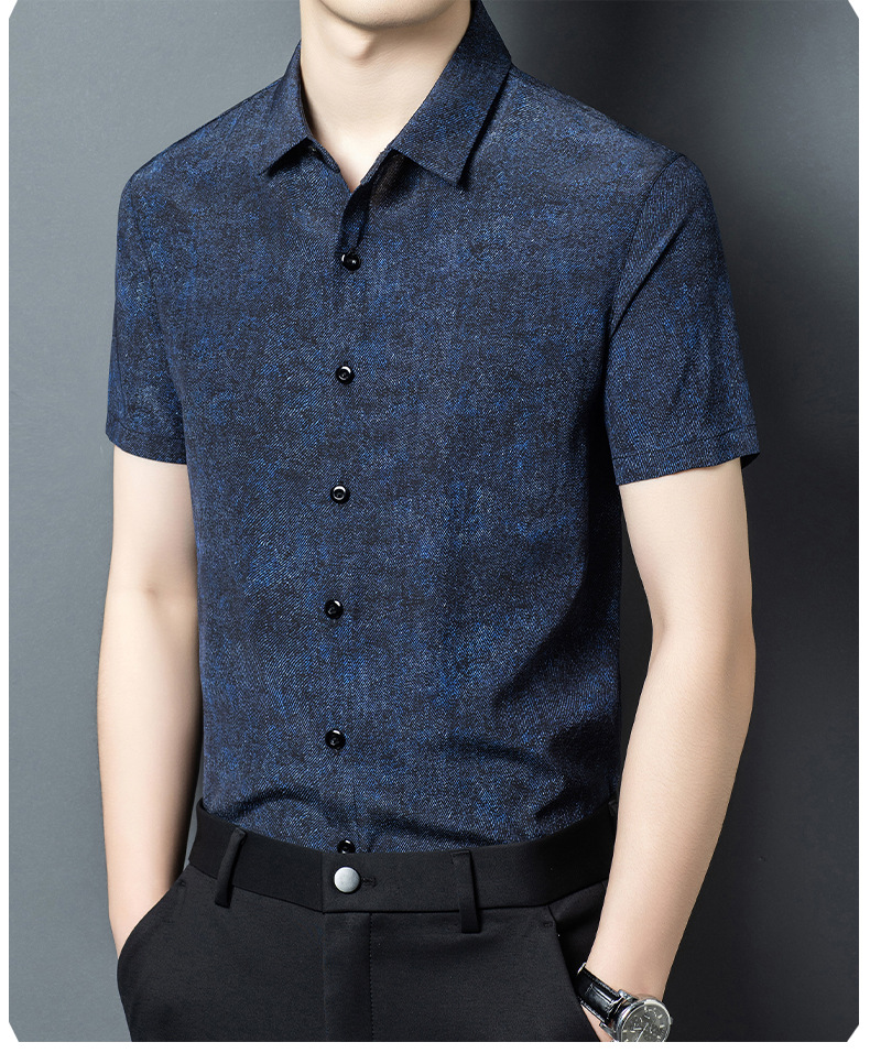 Áo sơ mi nam tay ngắn lụa tơ tằm mùa hè phong cách vintage — Xanh da trời8883 chi tiết 9