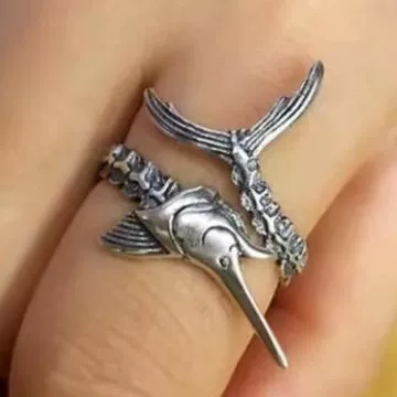 Retro one size ring for elderly, flying fish, men's style