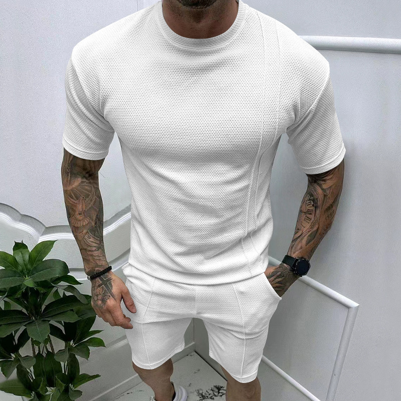 Nuevo Europa y los Estados Unidos transfronterizos ventas calientes para hombres de verano de color sólido pantalones cortos casuales de manga corta conjunto deportivo de verano conjunto de dos piezas