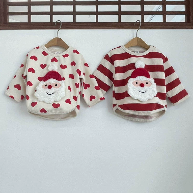 Детский зимний свитшот на Рождество, футболка в полоску с сердечками, круглый вырез, длинный рукав, теплый детский топ, праздничная одежда