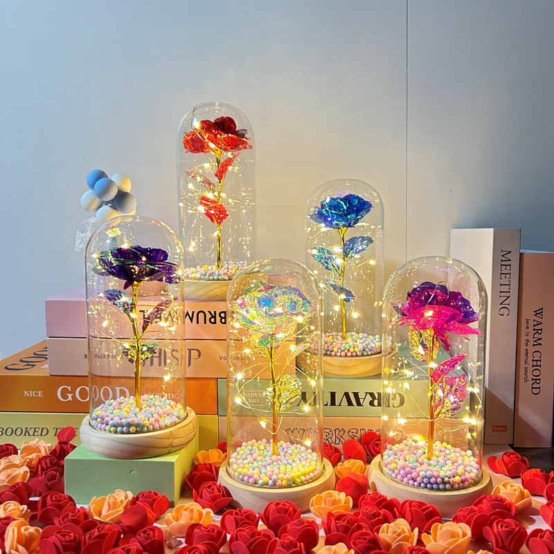 Flor inmortal cubierta de vidrio dorada de flores de la noche lámpara 520 regalos de día de San Valentín mariposa LED decoración de mesa