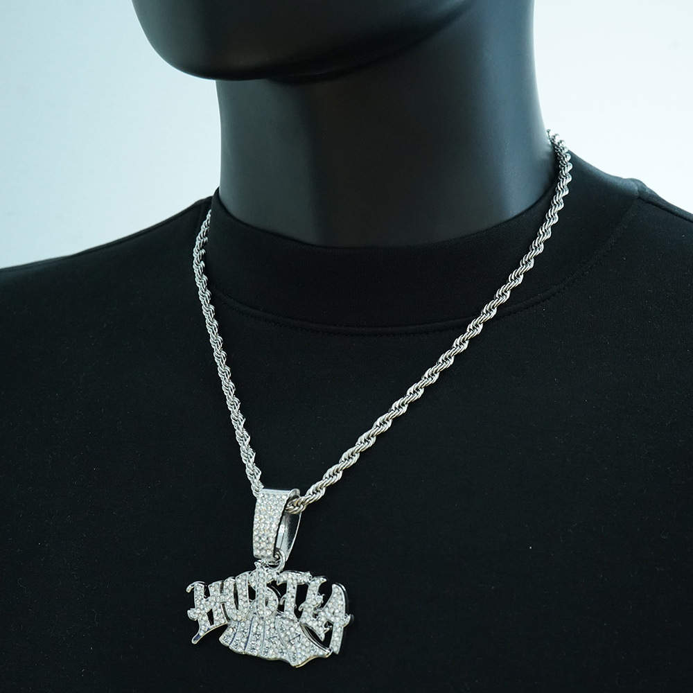 2025 nueva aleación con letras de diamantes completos Hustla colgante para hombres y mujeres moda hip-hop joyería con collar de giro de 5mm