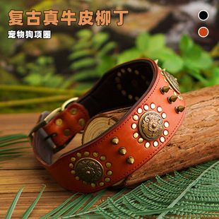 Leather Dog Collar Rivet Metal Retro Flower Collar Medium and Large Dog Collar Neck Pet Supplies Sample Goods