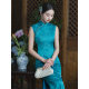Green Wine Line Song | Retro Cheongsam Blue New Chinese New White Slim dress Summer Sleeveless Daily Women