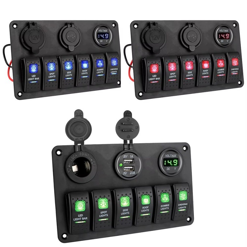 Interruptor universal transfronterizo de RV de 6 lugares, barco, automóvil yate con voltímetro de toma de carga USB dual montado en el vehículo