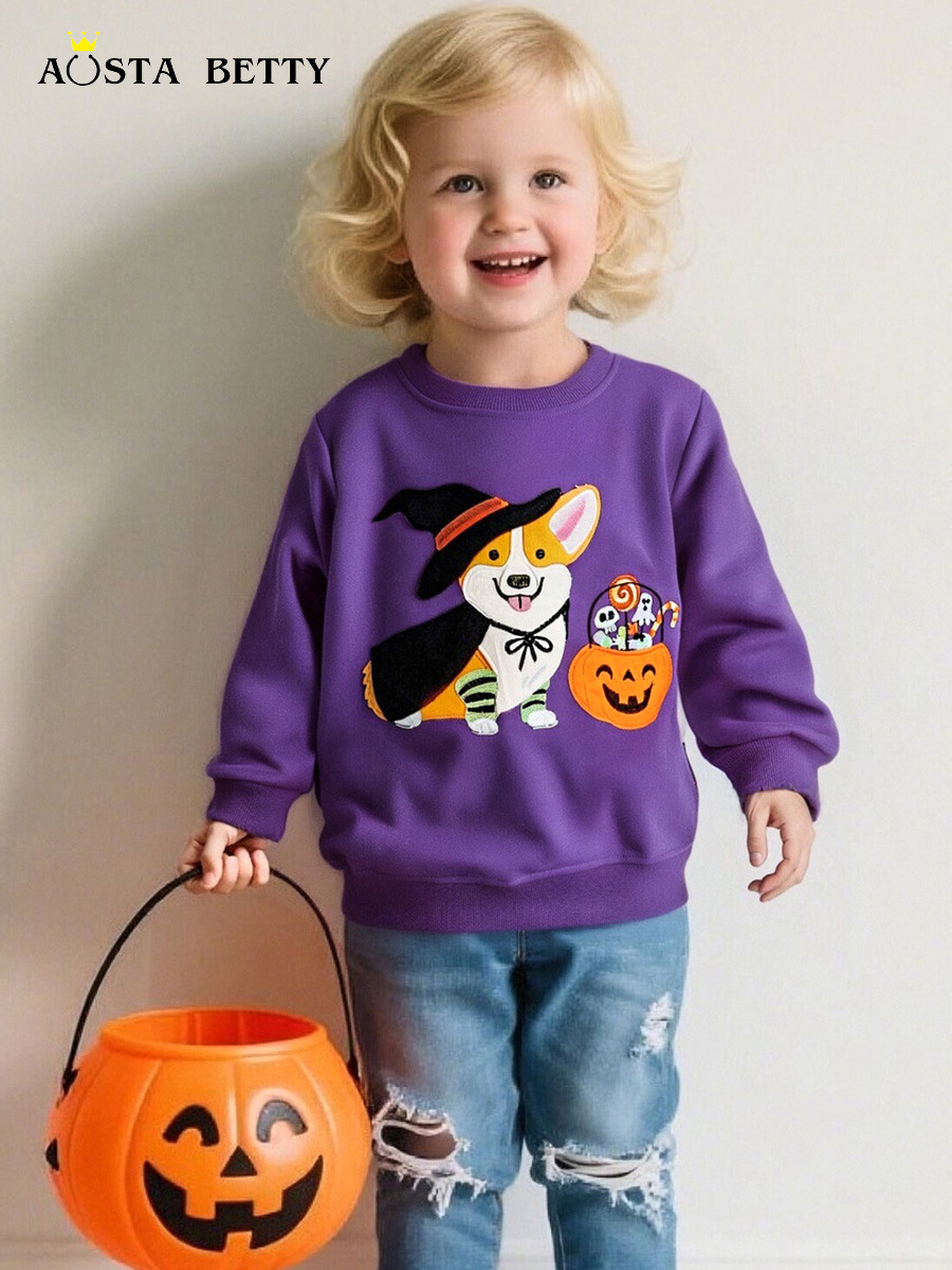 26 nuevos estilos de sudaderas para niñas, estilo europeo y americano, con parches de dibujos animados de Halloween, suéteres de manga larga para niños, venta al por mayor de una sola pieza.