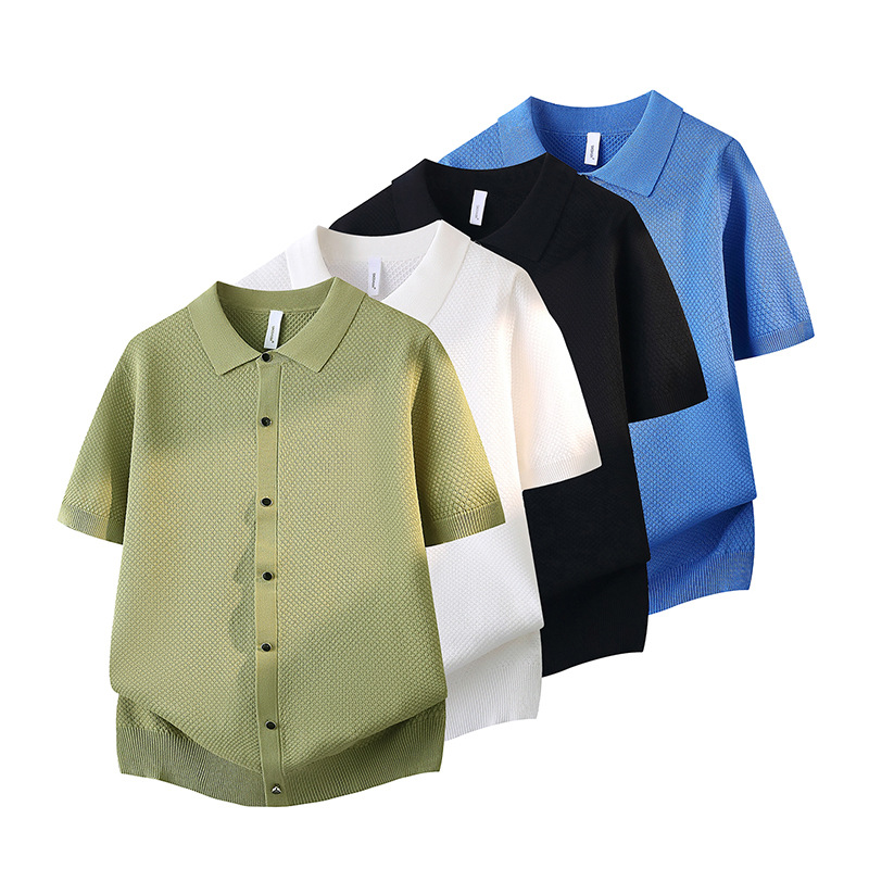 Polo camiseta collar camiseta de punto camiseta de manga corta camiseta hombre waffle cardigán viejo dinero viento hielo seda fábrica transfronteriza al por mayor