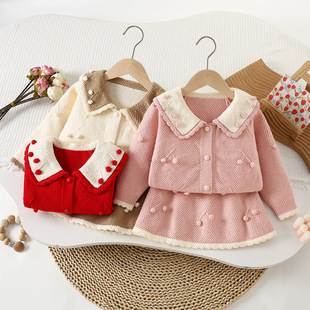 Girls Sweater Suit Autumn and Winter New Baby Girl Two Cherry Reverse Collar Skirt Korean Style Cute Knitted Cardigan Trendy