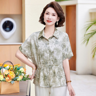 Summer Mother's Printed Short-sleeved 2025 Summer New Arrival Middle-aged and Elderly Fashionable Mother-in-law Loose plus size Tight Waist Shirt