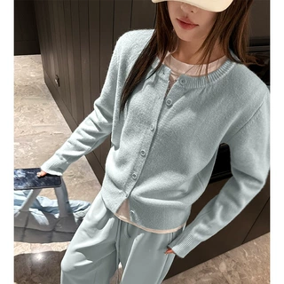 严选蓝色多巴胺针织开衫女秋冬新款圆领内搭叠穿设计感韩系外套
