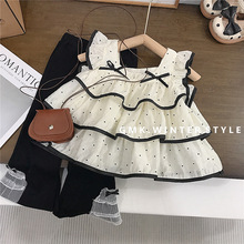 女童套装夏季新款洋气女孩儿童衣服波点飞袖上衣喇叭裤两件套外贸