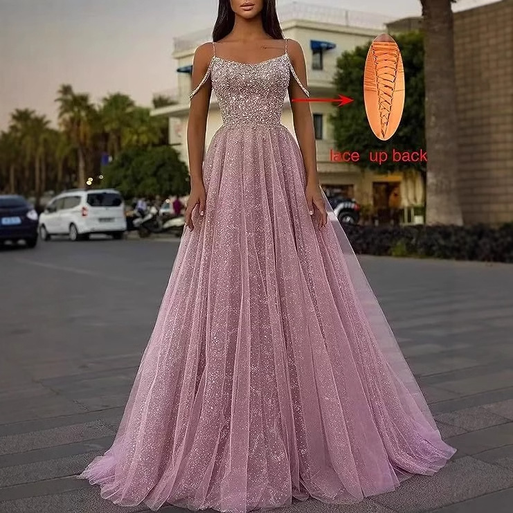 Vestido de noche de gala transparente con hombros descubiertos, estilo nuevo transfronterizo, brillante, para comercio exterior, 2026, venta al por mayor. image 5