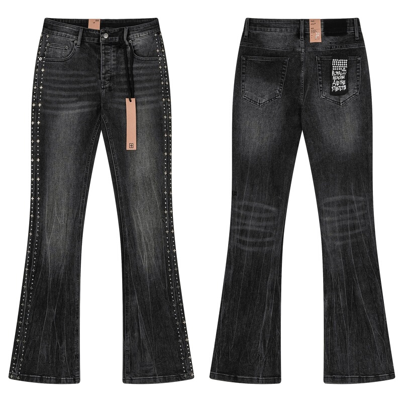 Cross-Border Trendy Brand Ksubi Retro Rhinestone Metal Washed High Street Casual Fashion Flared Stretch Jeans for Men and Women