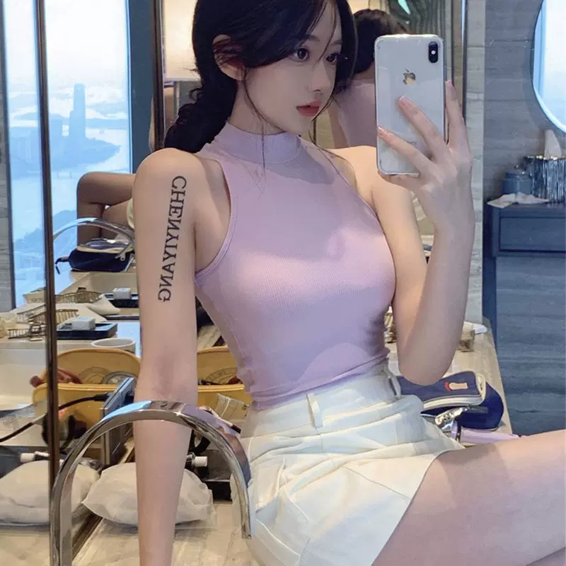 短款半高领打底无袖背心女外穿夏季紧身显瘦修身辣妹紫色上衣性感