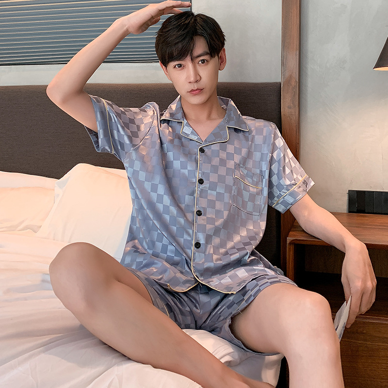 Pijamas de verano hombres de seda artificial jacquard Plaid pareja de Mujeres de manga corta de solapa cardigan casual cómodo traje de uso doméstico
