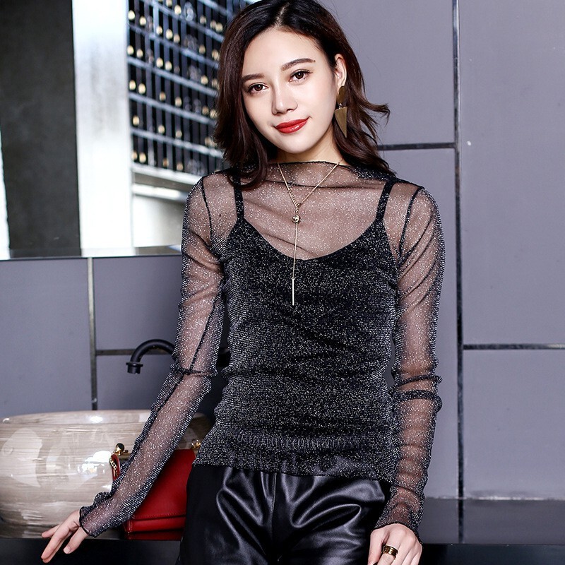 Mesh Lace Undershirt for Women, See-Through Top, New Summer Korean Style, Sexy Mesh Long-Sleeve T-Shirt Mesh Lace Undershirt for Women, See-Through Top, New Summer Korean Style, Sexy Mesh Long-Sleeve T-Shirt