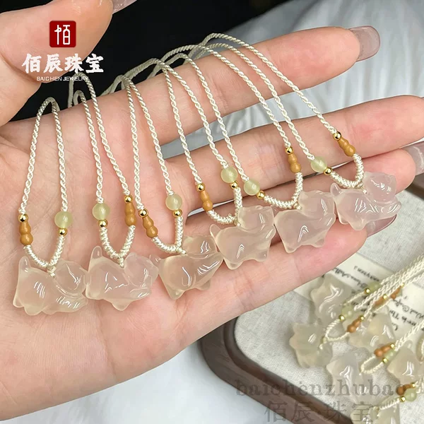 Natural ice white agate cute lazy cat pendant, adorable high ice chalcedony niche accessory necklace