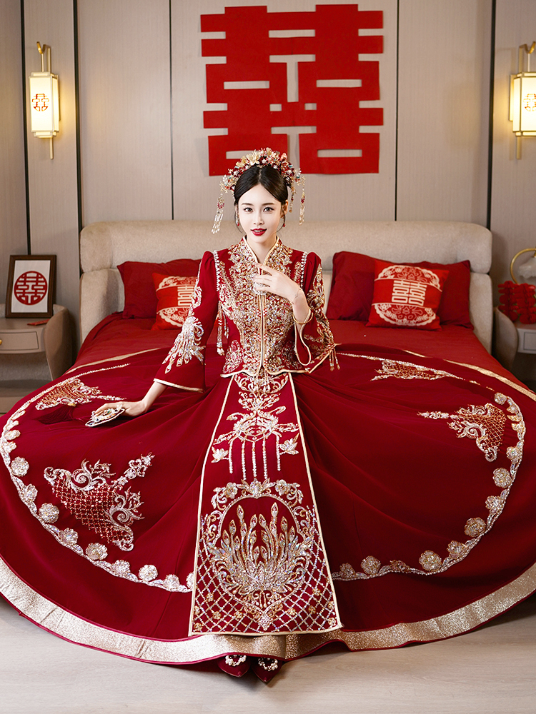 qz*2024秀禾服新娘奢华新款结婚礼服重工中式嫁衣婚服禾秀服-阿里巴巴