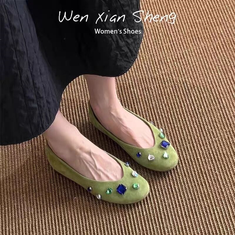 French-style green new model rhinestone V-cut slip-on solid color fashion casual versatile commuter women's flat shoes
