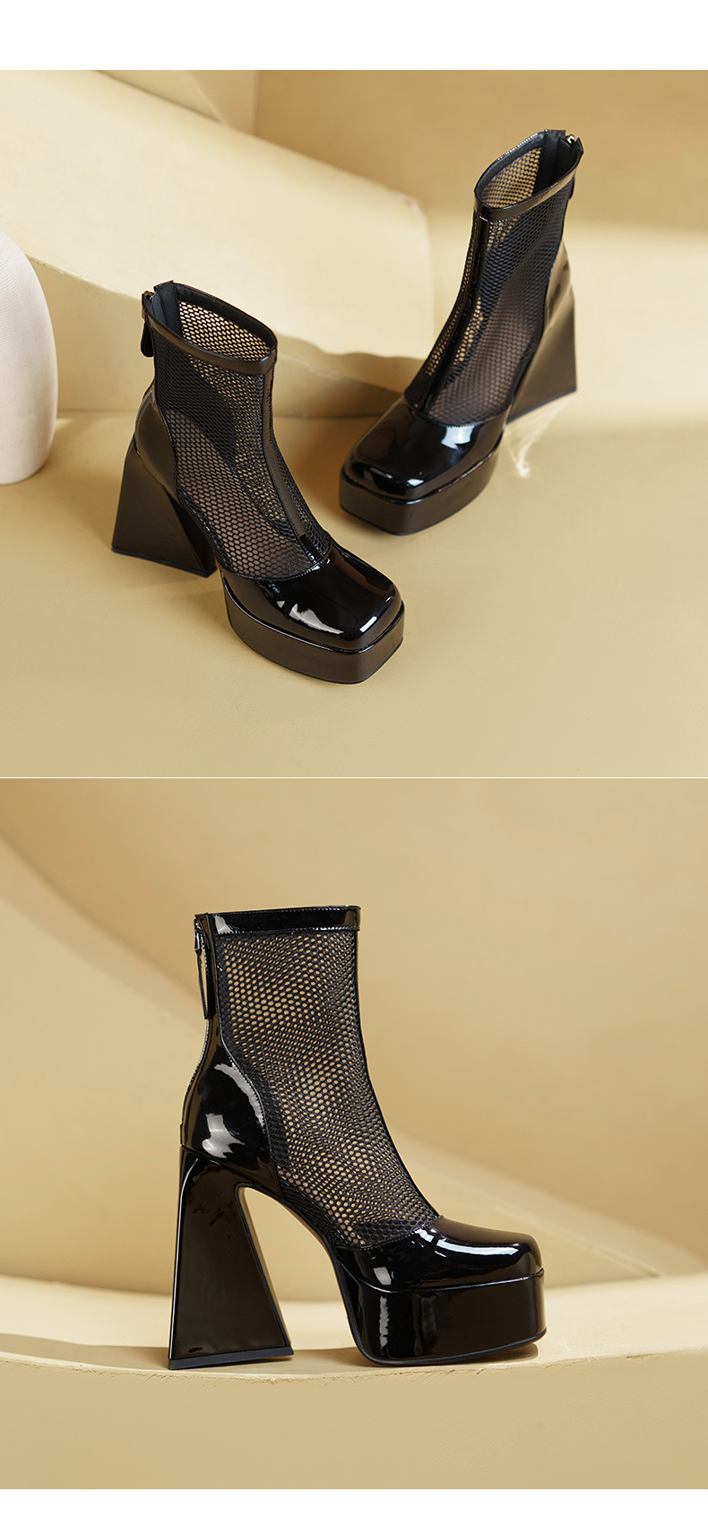 Boot nữ cổ thấp mũi vuông gót thô cao 9 cm, phong cách vintage, đế platform thoáng khí — màu đen, màu trắng ngà chi tiết 9