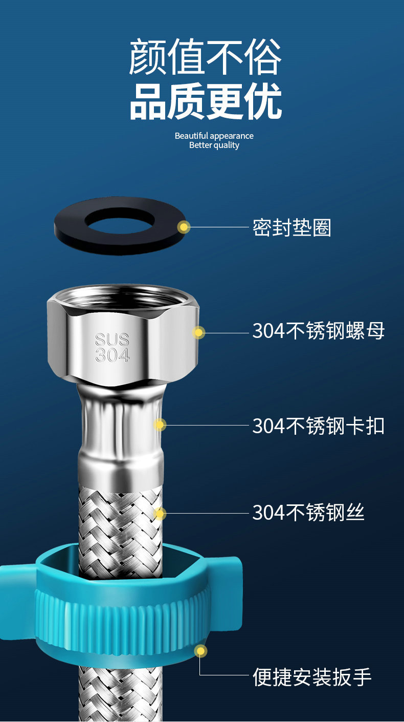 304 stainless steel extended explosion-proof flexible hose, water pipe, toilet, water heater connection pipe, kitchen 4-inch internal and external thread extension pipe undefined