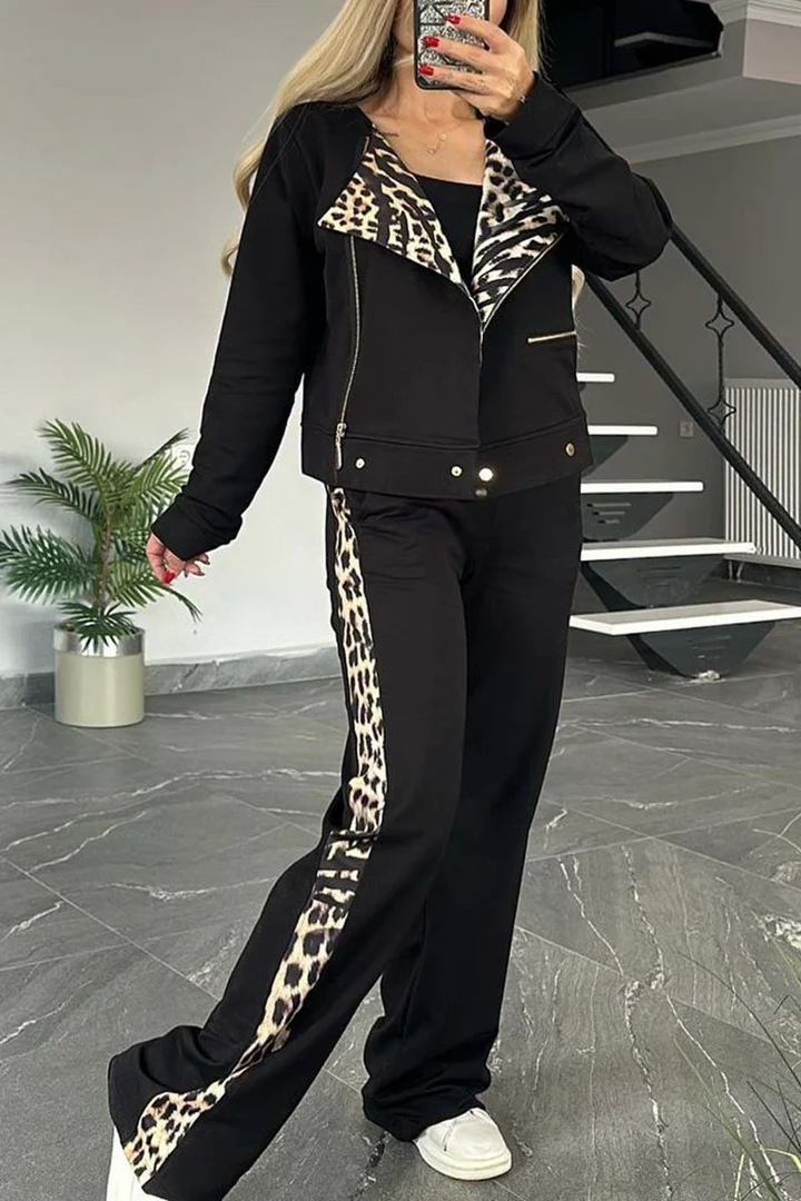 Women's Clothing Autumn and Winter Fashion Casual Double sided Leopard Print Suit Zipper Long Sleeve Suit Women_voghion.com
