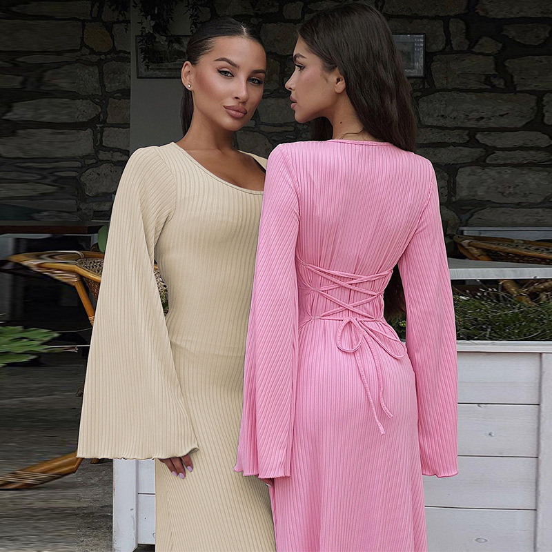 women's clothing 2023 autumn new fashion loose U-neck back tie long-sleeved dress_senzul.com