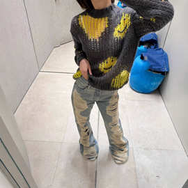 正确版本现货高品质AC家新款马海毛镂空笑脸毛衣时尚百搭男女同款