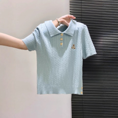 卡通刺绣翻领针织衫短袖女夏2025新款修身显瘦学院风短款上衣