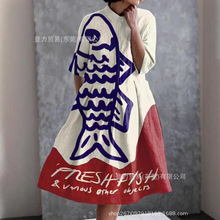 2025欧美独立站衬衫连衣裙五分袖双层门襟复古沙丁鱼元素数码印花