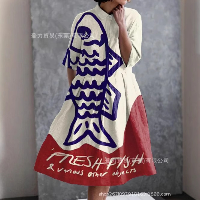 2025欧美独立站衬衫连衣裙五分袖双层门襟复古沙丁鱼元素数码印花