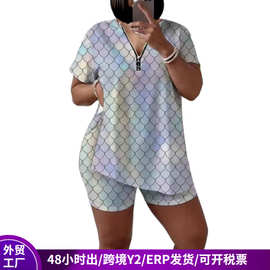 欧美外贸套装印花女时尚半拉链短袖短裤两件套外出宽松休闲运动服