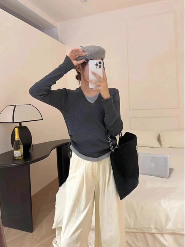 秋装女款2025年新款女士高级感假两件针织衫女高级感百搭拼接上衣|undefined