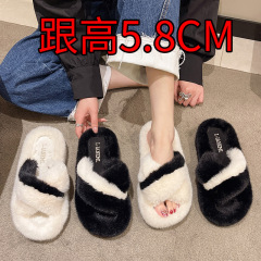 外貿大碼黑白熊貓新款加厚交叉增高時尚網紅毛毛鞋女拖鞋廠家批發