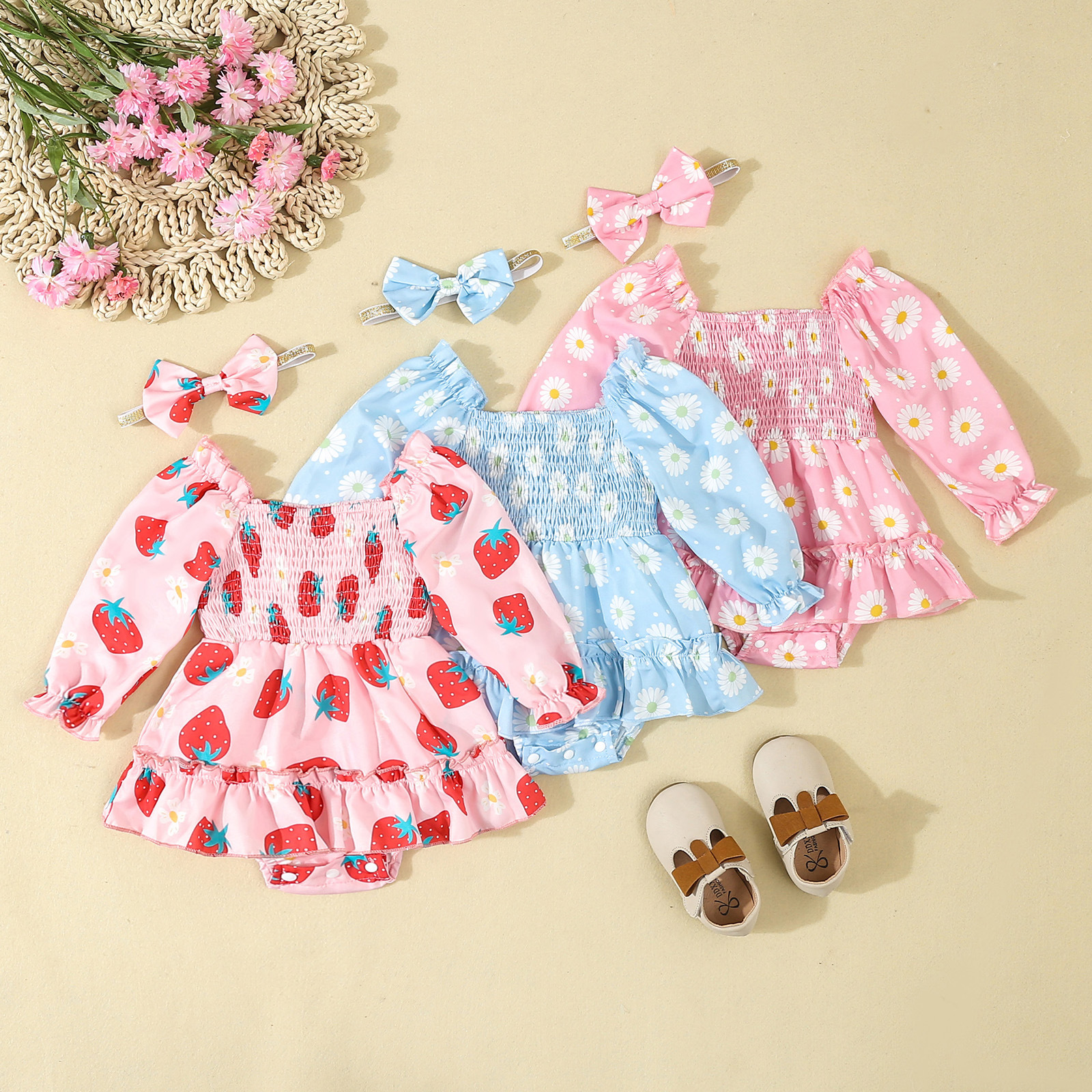 Baby romper kjole med hårbånd til piger forår og efterår_voghion.com