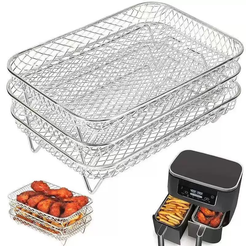 Cross-Border Hot-Selling Stainless Steel Round Square Barbecue Grill Air Fryer Multi-Layer Grill Barbecue Basket Dehydrated Filter Rack