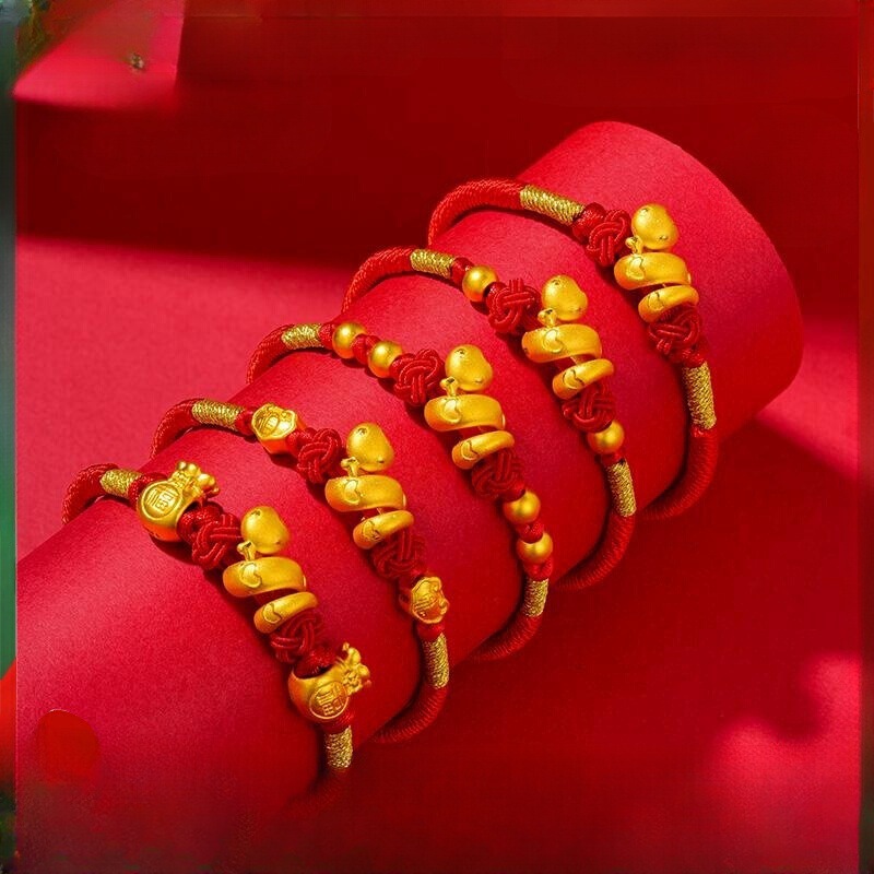 Year of the Snake Zodiac Year Bracelet Gold Curly Snake Bracelet Red Rope Pure Gold 999 Love Zodiac Snake DIY Transfer Beads for Women