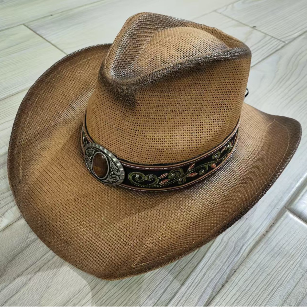 Cross-Border Cowboy Tibet Travel Photo Beach Sun Men Women Flower Embroidery Straw Top Hat_voghion.com