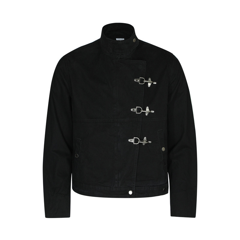 American Retro Distressed Aircraft Buckle Lapel High-End Short Wide Denim Jacket Vintage Work Jacket for Men and Women